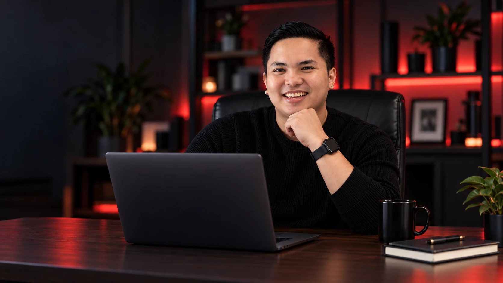 Chris Sagrado smiling at his desk in a contemporary office